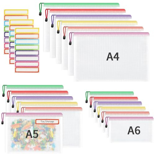 18 Stück Dokumententasche mit Reißverschluss,3 Größen Dokumententasche A4+A5+A6 Kunststoff Mesh Datei Taschen Dokumententaschen für Schule, Zuhause, Büro, Reisen, Kosmetika (6 Farben)