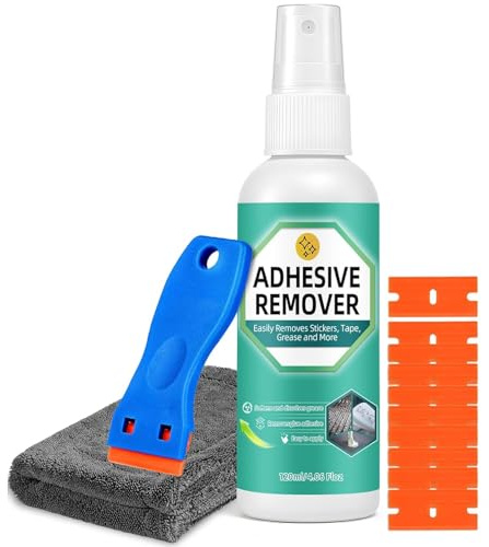 Klebereste Entferner Spray 120ml – Starker Klebstoffentferner & Etikettenlöser mit Schaber & Tuch, Aufkleber Entferner Entfernt Kleber, Etiketten & Klebereste für Glas, Kunststoff, Teppich, Auto