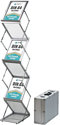 DisplayLager - Prospektständer, Faltbar Inkl. Tragekoffer aus Alu. Bodenprospektständer Hochformat Falt-Prospektständer (Silber, A4)