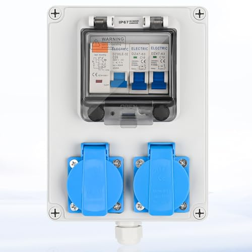 Warmfay Baustromverteiler Vorverkabelt 2x 230 V Schuko, IP67 Wasserdicht | Wandverteiler Stromverteiler mit FI-Schalter 50A und LS Schalter, Wetterfest für Innen und Außen