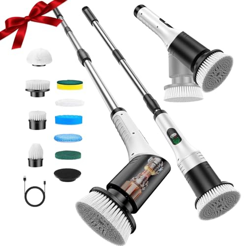 Elektrische Reinigungsbürste, 9 in 1 Electric Cleaning Brush mit austauschbaren Bohrbürstenköpfen, 2000mAh, Putzbürste Elektrisch mit Verstellbarem Griff, für Bad Küche Fußboden,Kabellos & wasserdicht