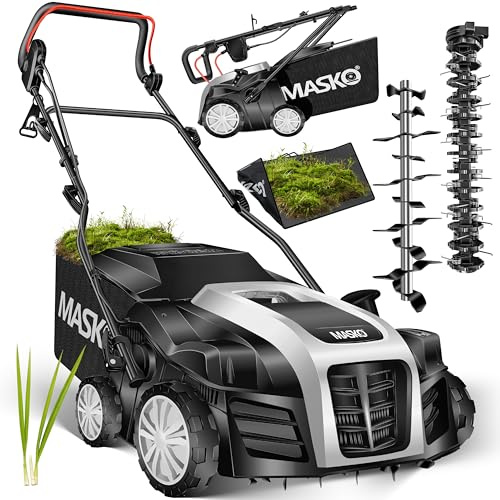 MASKO® Elektro 2in1 Vertikutierer Rasenlüfter 1800W 40cm Arbeitsbreite 55L Fangkorb mit Lüfterwalze Lüfter Moosentferner, 20 Stahlmesser, 5-stufige Arbeitstiefe einstellbar höhenverstellbarer Holm