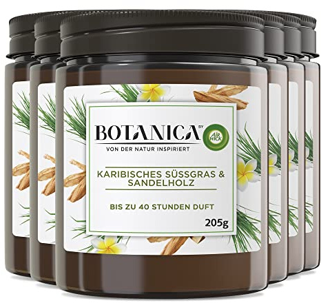 Botanica by Air Wick 6x Duftkerze im Glas - Bis zu 40 Stunden pro Kerze - Duft: Süßgras und Sandelholz - Mit natürlichen Inhaltsstoffen - 6x205g Kerze im Glas