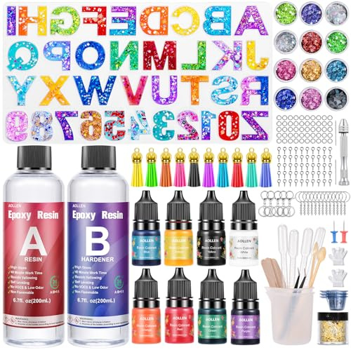 AOLLEN Epoxidharz Set Anfänger mit Buchstaben Formen für Schlüsselanhänger | 186 Stück Harz Gießen Set mit 400ml Epoxy Resin, Silikonform Buchstaben, Farben, Glitzer für Kreative Schlüsselanhänger