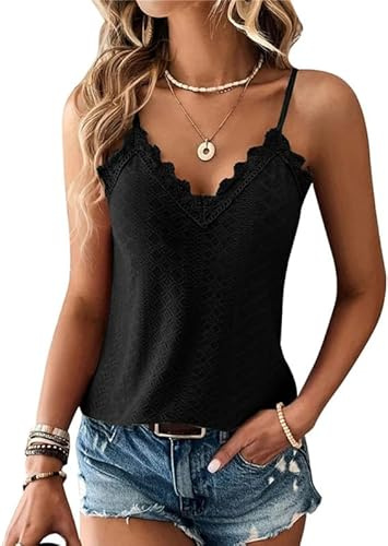 Haibang Tank Top Damen Cami Top mit Spitze V-Ausschnitt Sommer Oberteile Elegant Spaghetti Top Sexy Halter Sommershirt Locker Spitzentop Lässig Ärmellose Camisole Shirt