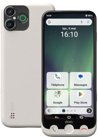 Doro - Aurora A30 Smartphone - Seniorenhandy - Einfach zu bedienen - Hilfetaste mit GPS-Ortung - Hörgerätekompatibel - Inklusive USB-Kabel - Weiß