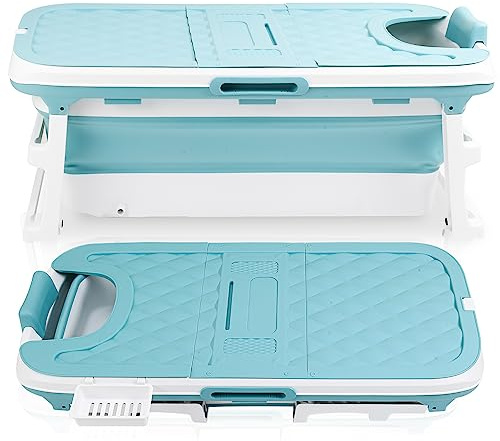 Cecaylie 149x60x50cm Faltbare Badewanne Erwachsene, Tragbare Klappbare mobile Badewanne mit Abdeckung & Massagerollen, Seifenkorb, für Badezimmer und Dusche - Blau
