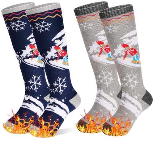 ARERWA Kinder Skisocken Thermisch Knielang Premium - Weich, strapazierfähig und warme Snowboardsocken für Jungen Mädchen (7-12 Jahre) 2 Paare Dunkelblau + Hellgrau