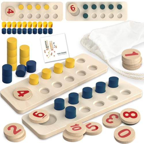 TEUVO Montessori Spielzeug Mathematik Zahlen Lernen Holzspielzeug für Kinder ab 2 3 4 5 6 Jahre, Lernspiele Zahl und Zählung Motorikspielzeug Steckspiel Peg Board Mathe Spielzeug für Home Schule Lehre