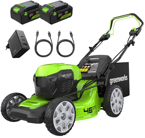 Greenworks Selbstfahrender Akku Rasenmäher 48V (24V x 2) bis zu 480m², 46cm Schnittbreite, 55L Sack Rasenmäher Elektro Plus Zwei 4Ah-Akkus und Doppelladegerät,3 Jahre Garantie,GD24X2LM46SPK4X