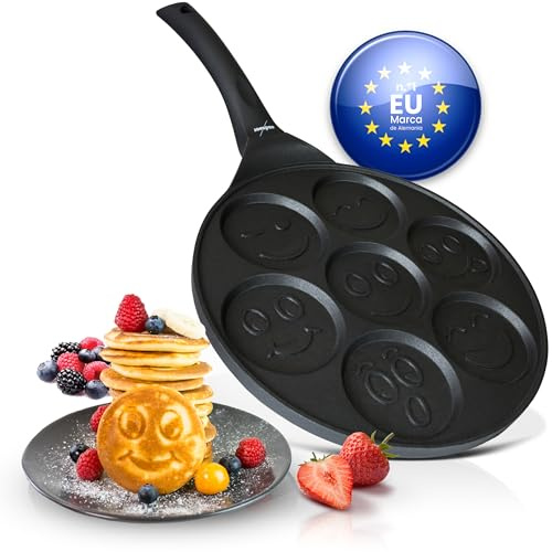 endusor Pancake Pfanne Kinder mit Smiley (Ø26cm) 7 Formen mit Gesichtern | Modernste Antihaft-Beschichtung ohne PFOA, Induktion Ceran Gas Elektro, Eierpfanne, für Pancakes Spiegelei Poffertjes