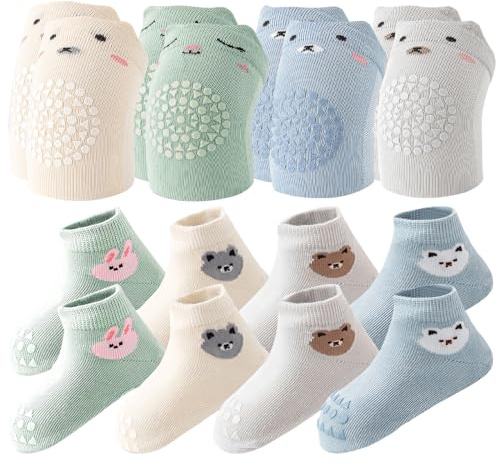 4 Paar Knieschoner Baby Krabbeln Mit Gummipunkten Rutschfest: Knieschoner und 4 Paar Socken, Baumwoll Krabbelstrumpfhose für 0-24 Monate Jungen und Mädchen
