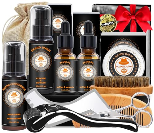 Bartpflege Set mit Bart Conditioner,Bartshampoo,Bartöl,Bart Balsam Bartbürste, Bartschablonen, Bartkamm,Bartschere,Tasche,E-Book Bartpflegeset Bartwuchsmittel Männer Geschenke für Männer Papa