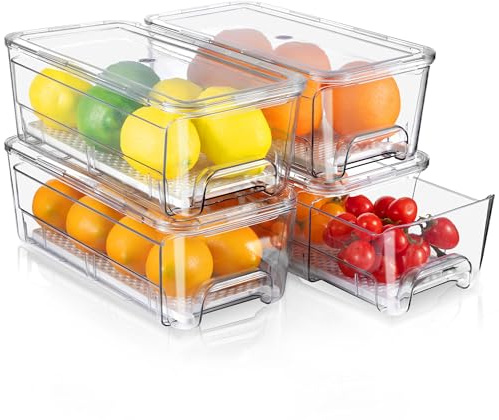 MIUKAA Kühlschrank Organizer Schublade, 4 Stück Doppelschichtige Stapelbar, Aufbewahrungsbox Kücheorganizer, Speisekammer Vorratsbehälter Durchsichtig Behälter für Kühlschrank, Küchen, Schränke