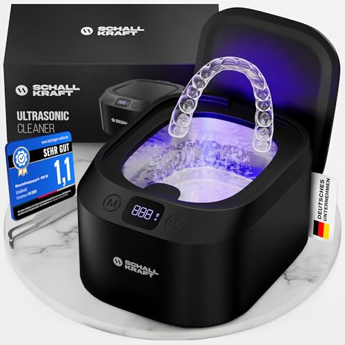 Schallkraft Ultraschallreinigungsgerät 48kHz & UV | Ultraschallreiniger für kleine Alltagsgegenstände wie Schmuck sowie zur Pflege & Geruchsreduktion bei Zahnschiene, Aligner, Retainer u.v.m. | klein