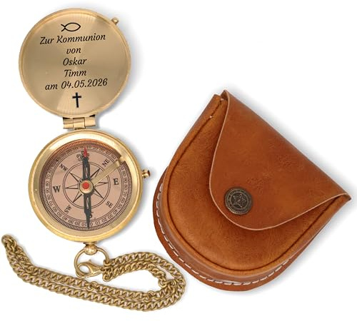 SonKo® Kompass mit Gravur Kompass personalisiert – Antik Optik nautischer funktionsfähige Maritime Deko aus Messing. Konfirmation Geschenk Kommunion