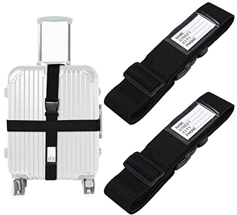 AiQInu Koffergurt Kofferband Koffergurte 2 Stück Einstellbare Kofferband Gurt mit Namensschildern und Adresse Gepäckgurt Luggage Strap für Koffer Rucksack Reisezubehör 2 Schwarz