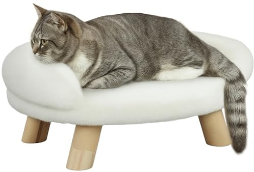 PawHut Katzensofa Hundesofa aus Plüsch Hundebett mit Rückenlehne, Holzbeine, Hundecouch mit weicher Polsterung für Katzen miniaturhunde Hunde 47 x 40 x 20 cm Cremeweiß