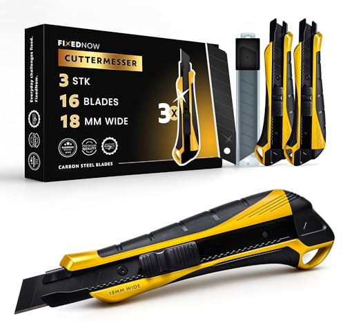 FixedNow 3 x Cuttermesser Set 18mm extra scharf inkl. 16x Ersatzklingen aus japanischem Carbonstahl I Profi Universal Cutter Messer I Tapetenmesser, Teppichmesser Utility Knife