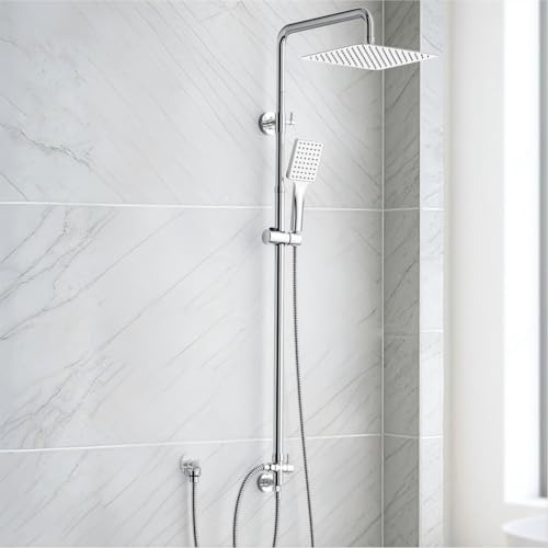 SunCleanse Regendusche ohne Armatur 25x25 cm Edelstahl Kopfbrause, Chrom | Verstellbare Duschstange 75-110cm, Hochdruck Handbrause, Messing Umschaltventil, einfache Montage, Badezimmer Upgrade