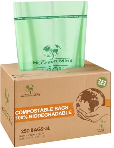 Mr. Green Mind Biobeutel 2/3 Liter 250 Stück Biologisch abbaubar Abfallbeutel - 26 x 29 cm - 100% kompostierbare Müllbeutel - Inkl. Spender - Gft Abfallbeutel
