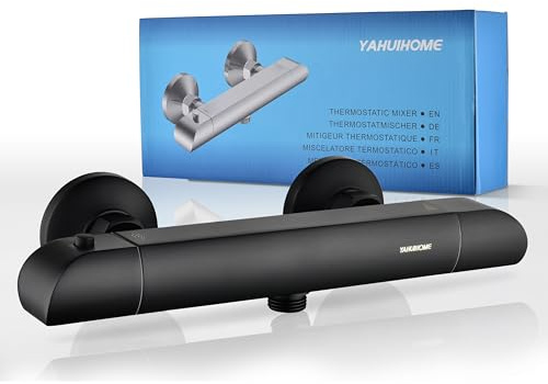 YAHUIHOME Duscharmatur mit Thermostat, Mischbatterie Dusche mit 38 °C Verbrühungsschutz, Wandmontierte Edelstahl Aufputz Duscharmatur, Anti Verbrühungsdesign, Schwarz