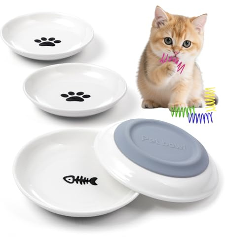 Katzennapf Flach Keramik Futterschale – Futternapf Katze, Whiskerfreundlicher Katzenfutternapf für Nass- & Trockenfutter, rutschfeste Katzenschüssel, Katzenfressnapf mit 4 Katzenspielzeugen