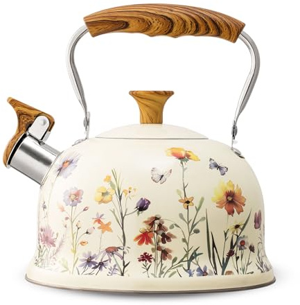 Wasserkessel aus Edelstahl (3L), Flötenkessel mit Einklappgriff, Wasserkocher für Induktion und Gasherd, Teekessel für Tee und Kaffee, Alle Kochplatten, (Weiß und Violett)