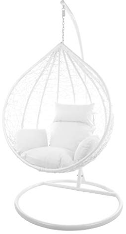 KIDEO Komplettset: großer Hängesessel mit Gestell & Kissen, Korbsessel, Poly-Rattan (Korb & Gestell: weiß, Kissen: weiß Nest (1000 Snow))
