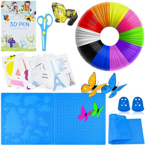 3D Stift Zubehör Set, 3D Stift Filament PLA 10 Farbe 1,75mm je 5M, 3D stift Vorlage, GroßEs Silikonpad 41.2 * 20.3cm mit 2 Fingerschutz und Schere, zubehör 3d stift für Anfänger