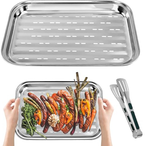 Huucozn 2 Stück BBQ Grillschalen aus Edelstahl mit 1 Grillzange, 34.9 x 24.5 x 2.7 cm Edelstahl Grillkorb Wiederverwendbare Grillschale Grillschale Gemüsekorb Grillpfanne Grillblech für Alle Gasgrill
