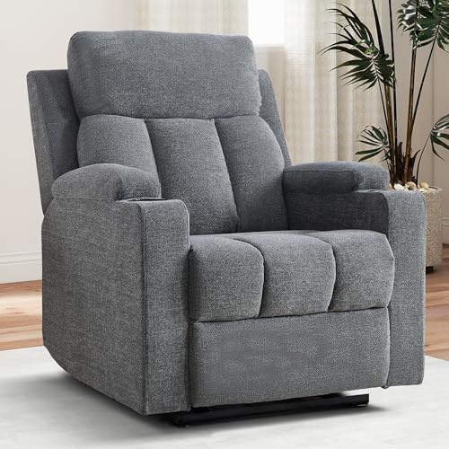 Simore Relaxsessel mit Liegefunktion, Fernsehsessel Manueller mit Getränkehalter, TV-Sessel mit Fußstütze und weicher Kopfstütze, bis 150 kg Belastbar, Schlafsessel für Wohnzimmer, Dunkelgrau