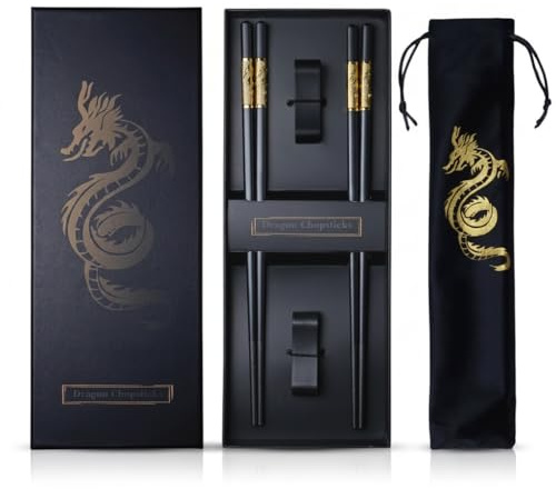 Youda Essstäbchen Wiederverwendbar – 2 Paar Drachen-Design mit Halter & Tragetasche, Premium Japanische & Chinesische Essstäbchen, Traditionelles Stilvolles Geschenkset für Erwachsene & Familie