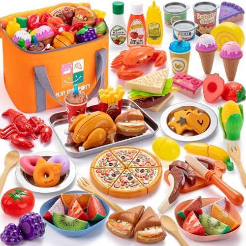 Juboury Obst zum Schneiden Lebensmittel Spielzeug Set, Kinderküche Spielküche Zubehör, Gefälschte Lebensmittel mit Pizza Spielzeug, Montessori Spielzeug ab 3 Jahre, Geschenke 3 Jahre Mädchen Junge