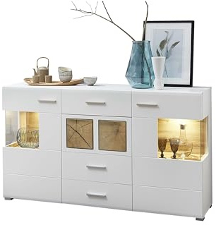 Stella Trading Fun Plus Sideboard weiss mit schönen Hirnholz-Applikationen - Moderne Kommode inkl. LED Beleuchtung - 170 x 94 x 42 cm (B/H/T)