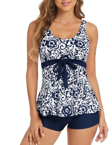 Genfien Tankini Damen Push Up Top High Waist Badeshorts | High Waist,Nicht verstellbare Schulterriemen,Zweiteiler Bademode,Tankini Damen Set,Elegant
