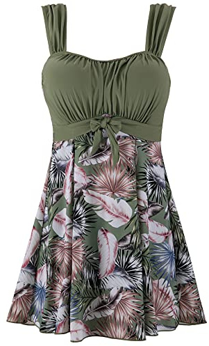 Wantdo Badeanzug Damen Einteiliger mit Bauchkontrolle Tankini Übergröße | Hohe Taille,Integrierten Shorts,Bademode Damen Bauchweg,Formend,Push-Up,Bügellos, Größen 44 bis 58,Strand&Sommerurlaub