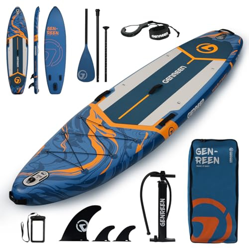 Genreen Paddelboard, SUP-Board, Stand-Up-Paddle-Board, verbesserte 5 Griffe, 204 kg, 3 Flossen, ultra stabil, breit, SUP, 28,9 x 15,2 x 86,4 cm, Produkte und Designs exklusiv für japanische Kunden