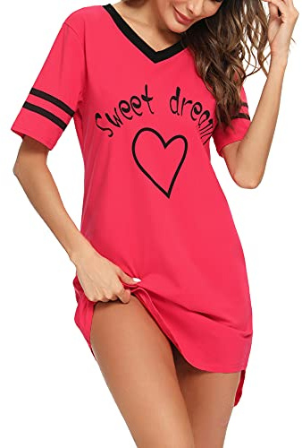 Litherday Nachthemd Damen Nachtwäsche Baumwolle Loungewear Nachtkleid Kurz Negligee Streifen Kurze Ärmel Sleepshirt Kurzarm V-Ausschnitt Sleepwear Bequeme Freizeitkleid, Rot, M