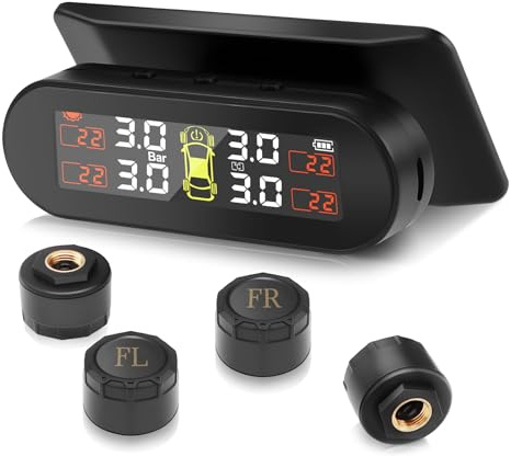 Avutrel TPMS Reifendruckkontrollsystem, Solar/USB-Aufladung, 5 Alarmsystem, mit 4 Externen Sensoren, für Limousine, SUV, MPV, Anhänger etc