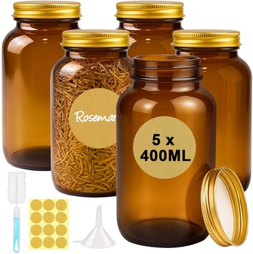 Ferenando 5 Stück Braungläser 400ml mit Schraubverschluss, Braune Gläser | Luftdicht Vorratsgläser mit Deckel, Etiketten & Trichter, Vorratsdosen Glas Apothekerglas für Gewürze, Kräuter, Tee, Kaffee