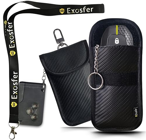 EXOSFER Keyless Go Schutz Autoschlüssel Hülle Carbon-Design – 2 Stück mit Schlüsselband – RFID Blocker Faraday Tasche gegen Relay-Angriff – Funkschlüssel Abschirmung – Auto-Diebstahlschutz
