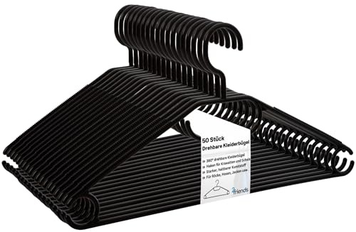 Kleiderbügel schwarz 50 Stück mit drehbaren Haken, Bügel Kunststoff, Kleiderbügel Plastik schwarz, Made in EU, Kleiderbügel Haken platzsparend, 100% Recyclingmaterial