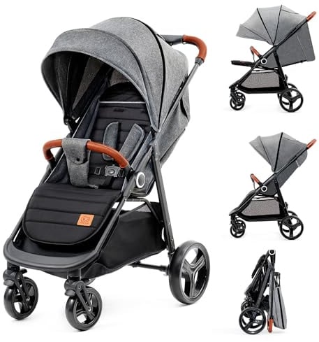 Kinderkraft GRANDE PLUS Kinderkraft buggy von Geburt bis 22 kg, Zusammenklappen mit einer Hand, Liegeposition, großes Verdeck mit Fenster, alle 4 Räder gedämpft, geräumige Sitz, Grau