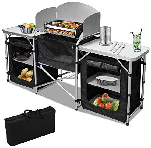 Jiubiaz Campingküche mit Spritzschutz,Campingschrank mit Tragetasche,Faltschrank mit Aluminiumgestell| Outdoor Camping Küche| Reiseküche| Zeltschrank| Küchenbox