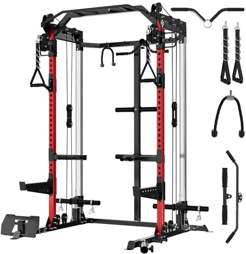 ZERELEK Power Cage,Power Rack mit unabhängigem Dual-Kabelzugsystem, Multifunktionales Home Gym für Cable Crossover(Rot)