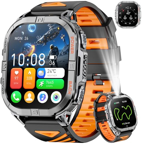 Joautrial GPS Smartwatch Herren, 2,13 AMOLED Men's Military Smart Watch, LED Taschenlampe, Kompass, 100+ Sportmodi Fitnessuhr, 580mAh Batterie Sportuhr, Bluetooth Anrufen für iOS Android (Schwarz)