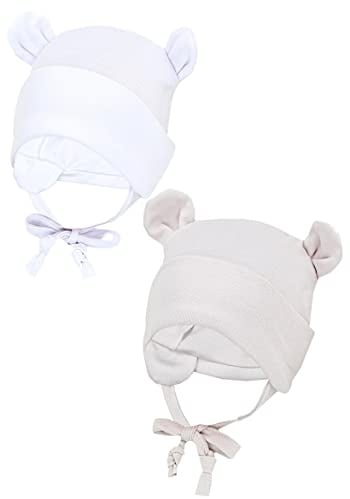 TupTam Baby Erstlingsmütze mit Ohrenklappen 2 er Pack, Farbe: Weiß/Beige/mit Ohren, Größe: 50-56