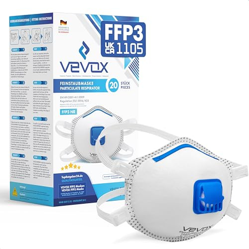 VEVOX® FFP3 Maske mit Ventil – 5er, 10er oder 20er Set – Staubmaske – Atemschutzmaske – Staubschutzmaske – Feinstaubmaske – Atemschutz z.B. gegen Feinstaub, Schimmel oder Asbest