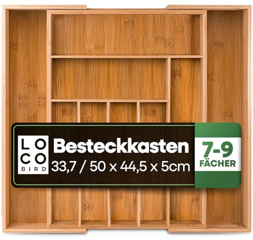Loco Bird Besteckkasten für Schubladen aus Bambus ausziehbar bis 50cm - Besteckeinsatz für Schubladen verstellbar - Besteck Organizer Küche Holz - Schubladeneinsatz Küche - Cutlery Organizer